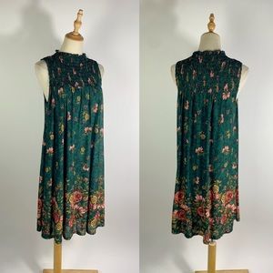 STYLE & Co. Smocked High Neck Sleeveless Floral Shift Dress Green Pink Womens S